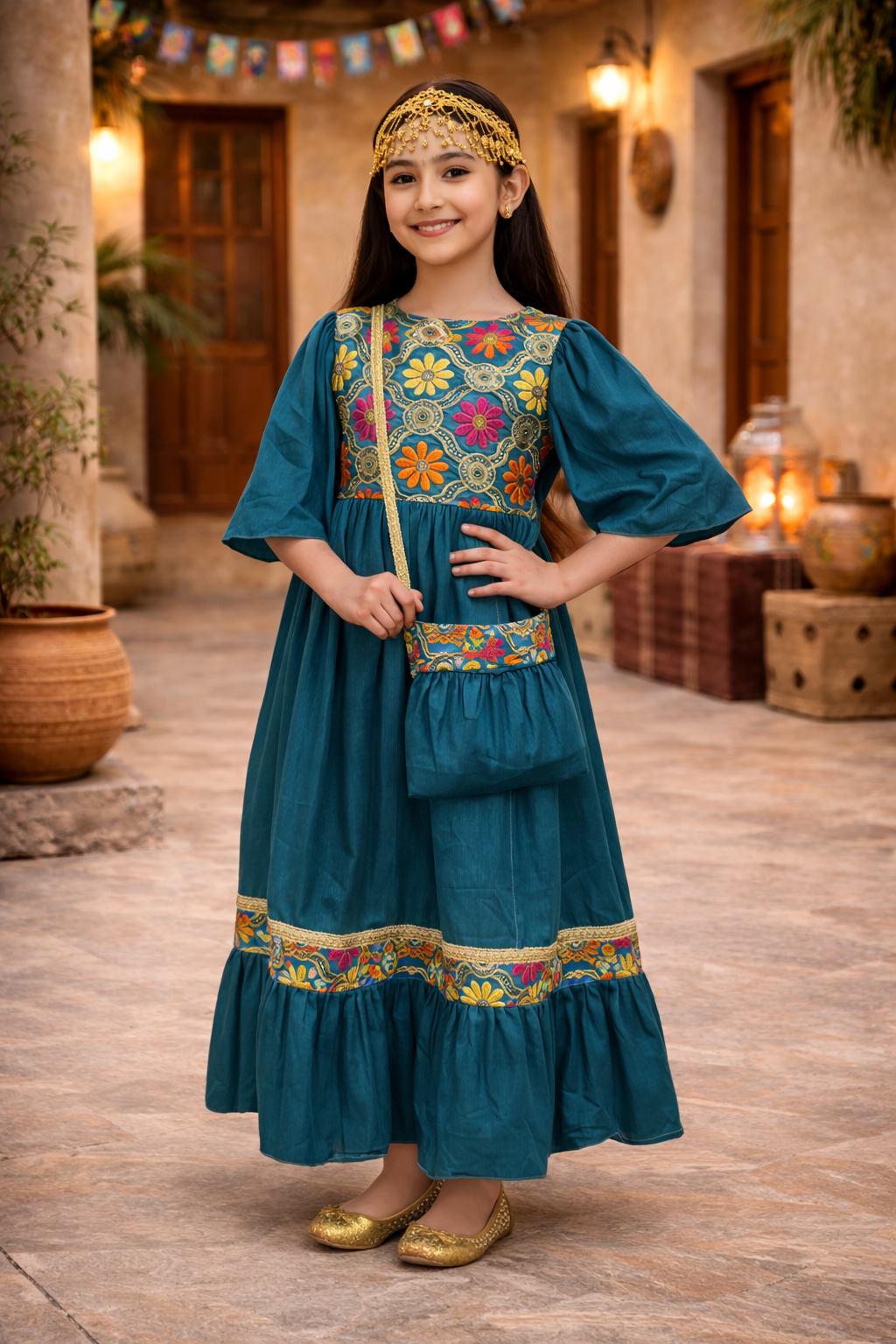 Girls Hugallaila Dress | Traditional Dress Blue Floral - Image 2