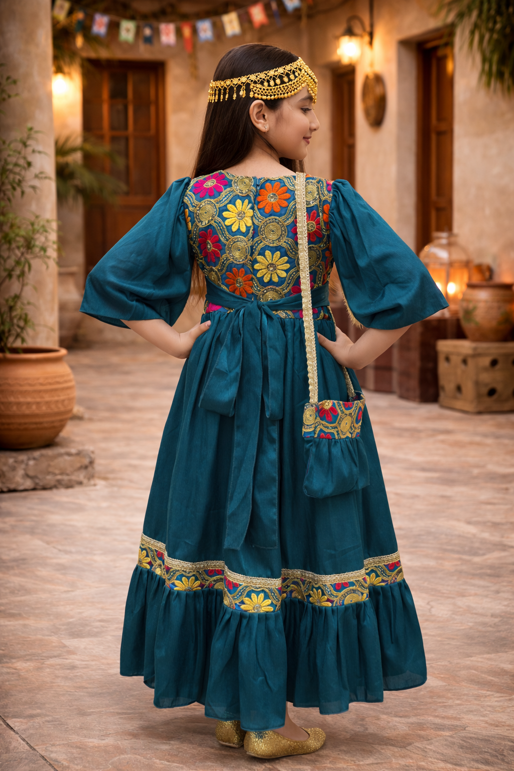 Girls Hugallaila Dress | Traditional Dress Blue Floral - Image 3