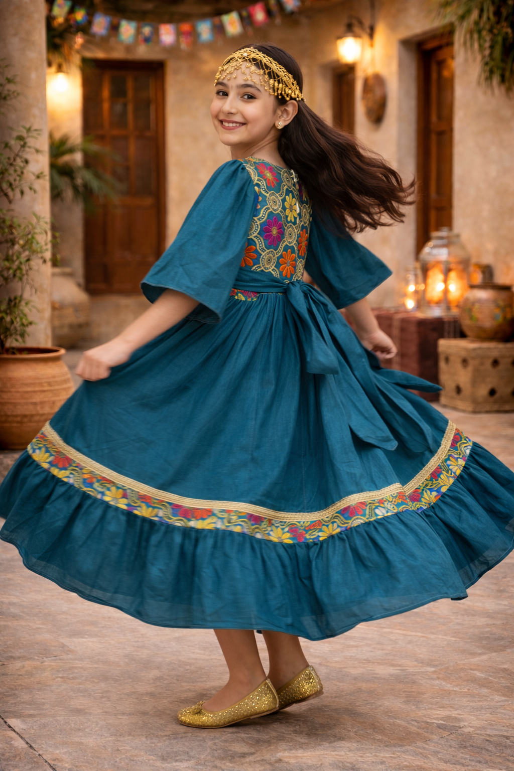 Girls Hugallaila Dress | Traditional Dress Blue Floral - Image 4