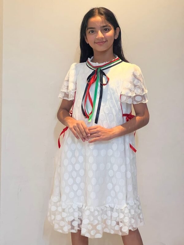 White Dot Tulle With Tie National Day Flag Dress For Girls Lamora