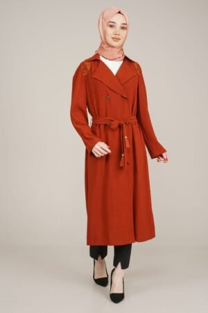Women's Embroided Top Coat with Belt - Tile Lamora