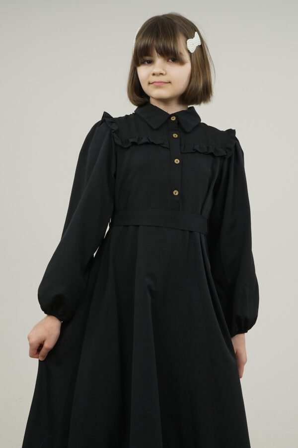 Young Girls Dress Long with Shirt Collar and Ruffle Detailed - Black فساتین بنات Lamora