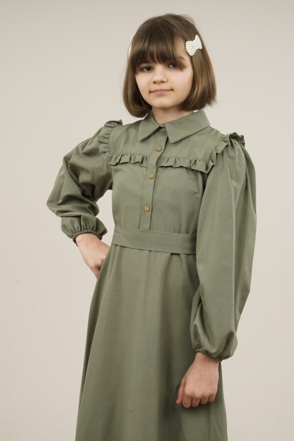 Young Girls Dress Long with Shirt Collar and Ruffle Detailed - Khaki فساتین بنات Lamora