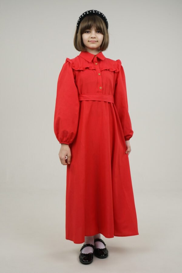 Young Girls Dress Long with Shirt Collar and Ruffle Detailed - Red فساتین بنات