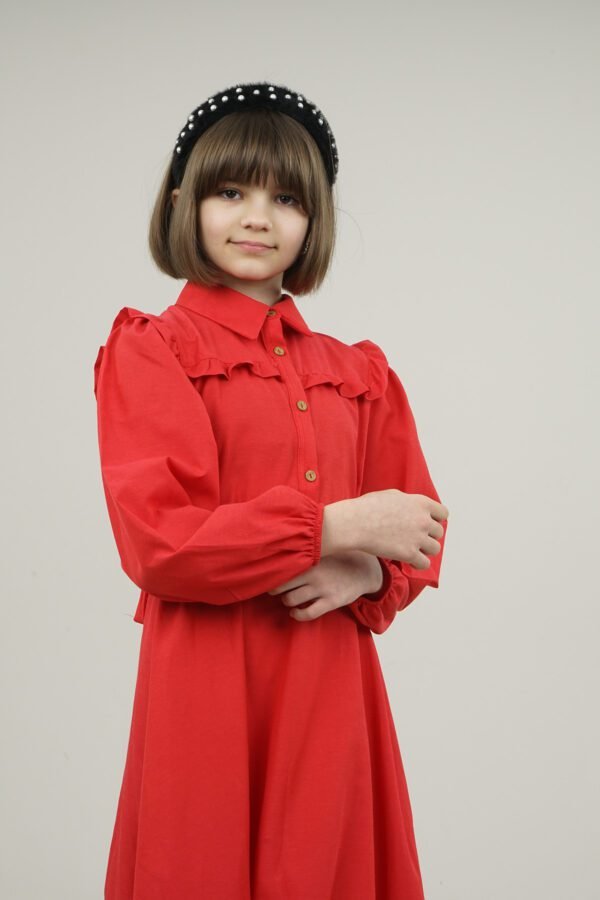 Young Girls Dress Long with Shirt Collar and Ruffle Detailed - Red فساتین بنات