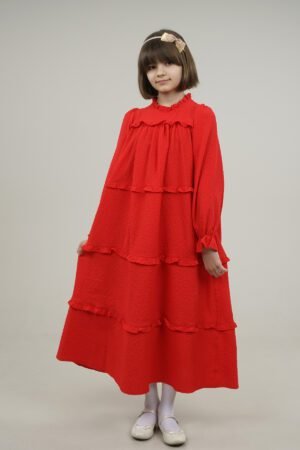 Young Girls Dress Wide Cut with Frilled Layers - Red فساتین بنات Lamora