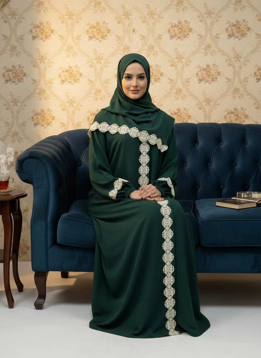 Women Prayer Dress Mineral Green With White Dantel - Image 4