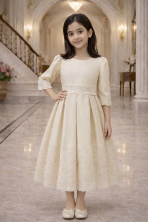 Girls Party Dress Cream With Back Bow Lace