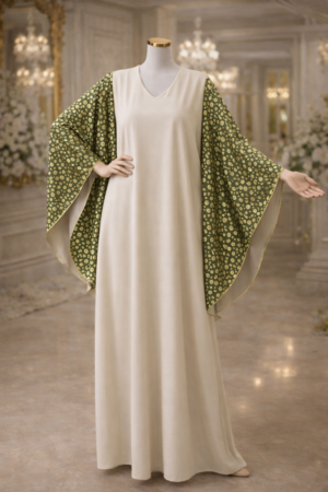 Ladies Jellabiya With Green Print - Off White