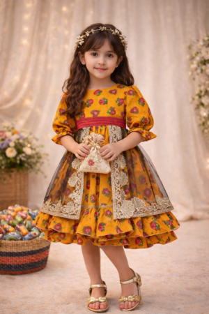 Haq Al Laila Dress Orange Heart Printing With Golden Lace  فستان حق اللیلۃ