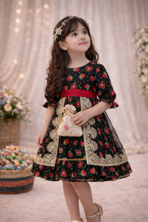Haq Al Laila Dress Maroon Heart Printing With Golden Lace  فستان حق اللیلۃ
