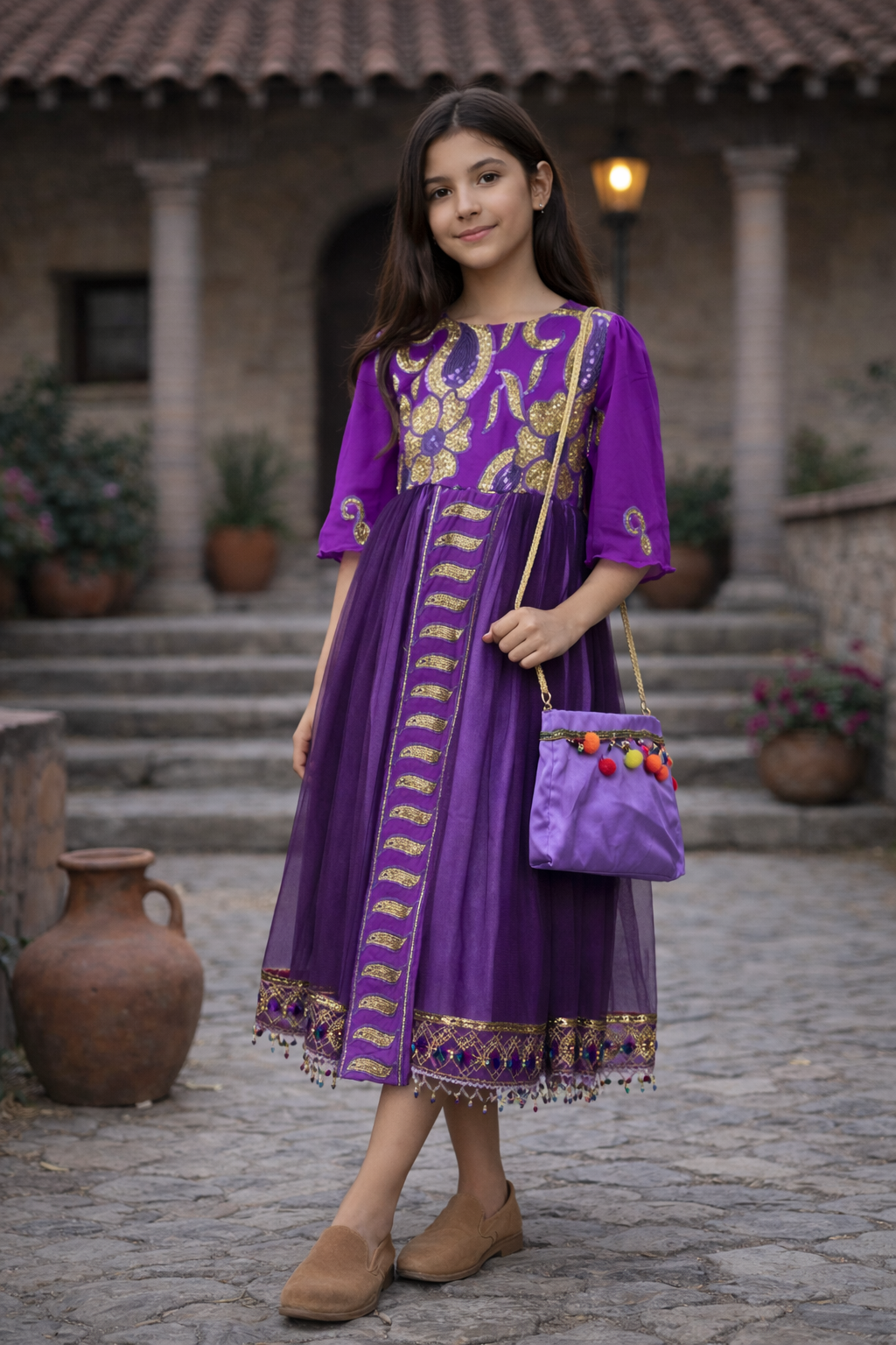 Girls Hugallaila Dress | Traditional Dress Purple with Vertical Stripes