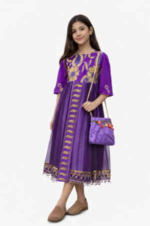 Girls Hugallaila Dress | Traditional Dress Purple with Vertical Stripes