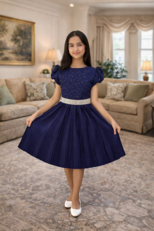 Fashionable Girls Party Dress With Pearls Dark Blue