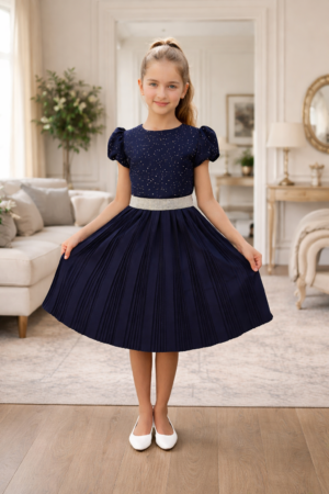 Fashionable Girls Party Dress With Pearls Dark Blue
