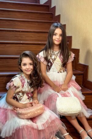 Girls Party Dress Layered Pink With Tulle & Pearls Lamora CLothing Brand (3)