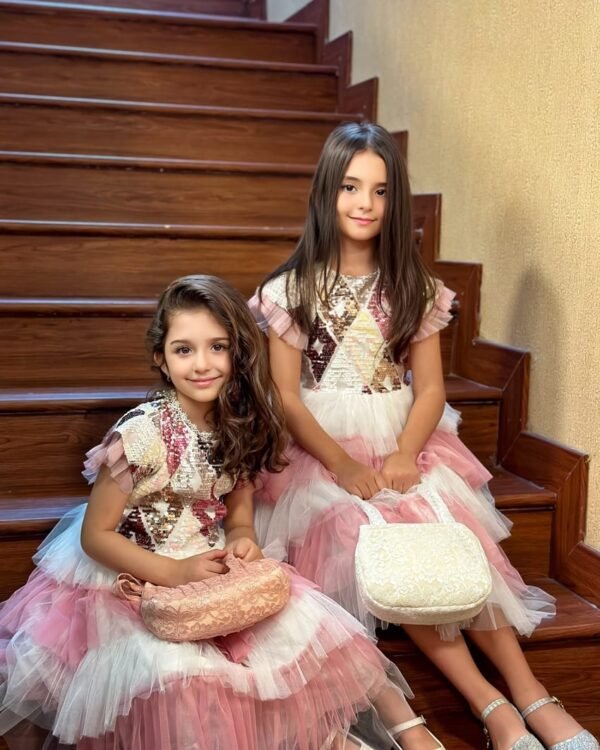 Girls Party Dress Layered Pink With Tulle & Pearls Lamora CLothing Brand (3)