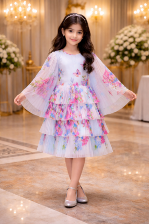 Lamora Tiered Floral & Butterfly Pleated Dress – Whimsical Girls’ Partywear