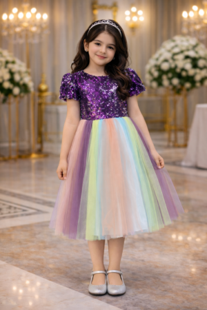 Girls Party Dress With Navy Blue Pearls & Tulle | فستان بنات
