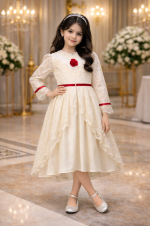 Girls Party Dress With Dantel Lace, Belt & Flower