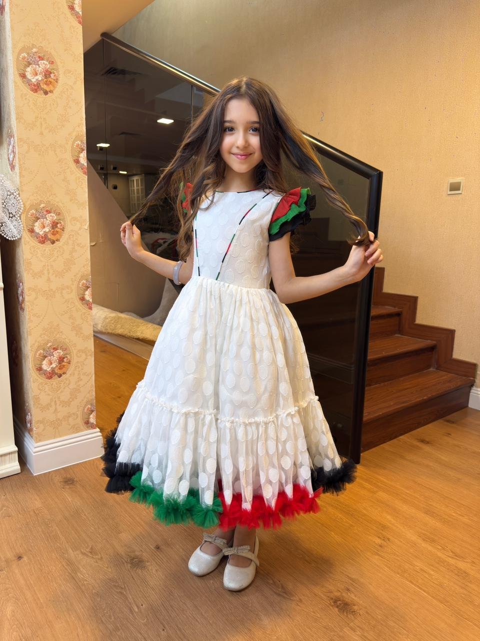 White Polka Dot UAE National Day Dress For Girls with Multi-Colored Tulle