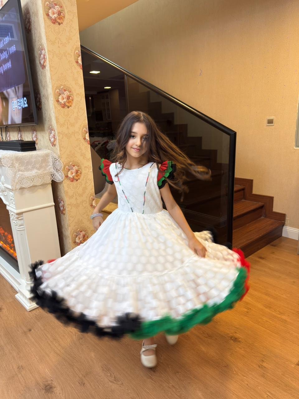 White Polka Dot UAE National Day Dress For Girls with Multi-Colored Tulle