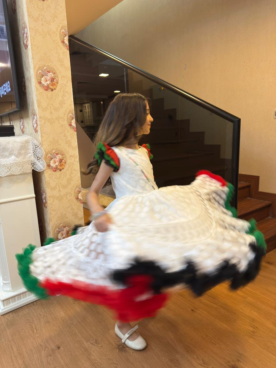 White Polka Dot UAE National Day Dress For Girls with Multi-Colored Tulle