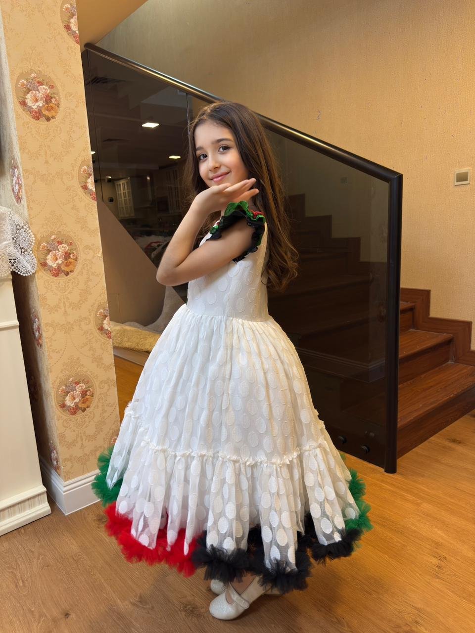 White Polka Dot UAE National Day Dress For Girls with Multi-Colored Tulle