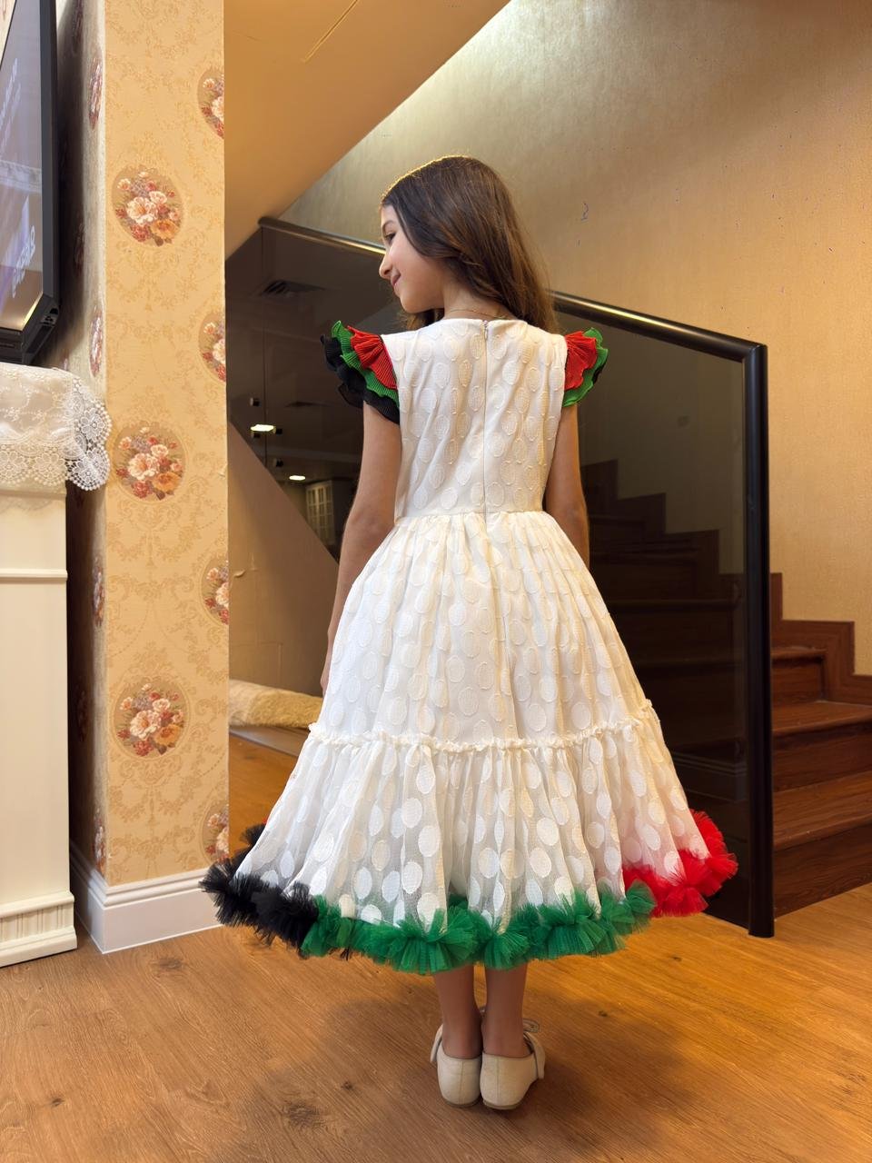 White Polka Dot UAE National Day Dress For Girls with Multi-Colored Tulle