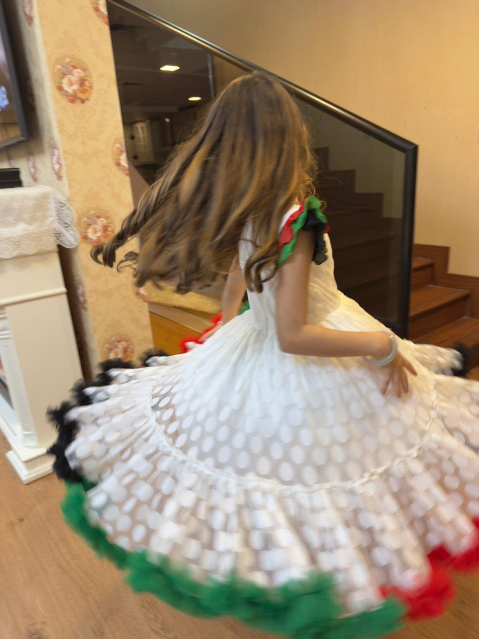 White Polka Dot UAE National Day Dress For Girls with Multi-Colored Tulle