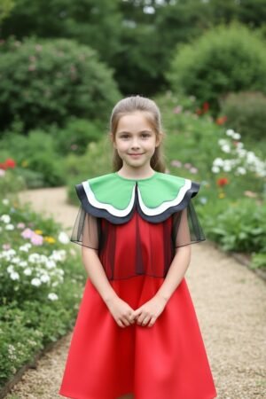 Girls' Red UAE National Day Dress - Chic Green Collar