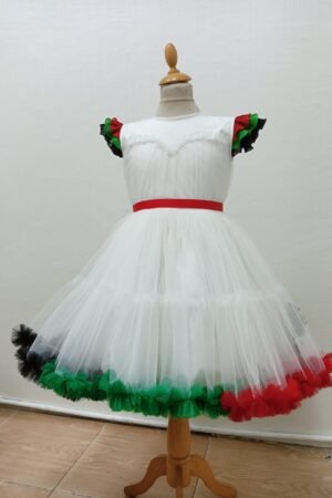 UAE National Day Tutu Dress - Flag Trim, White & Red Belt