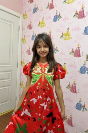 Vibrant Red Butterfly Print UAE National Day Dress For Girls