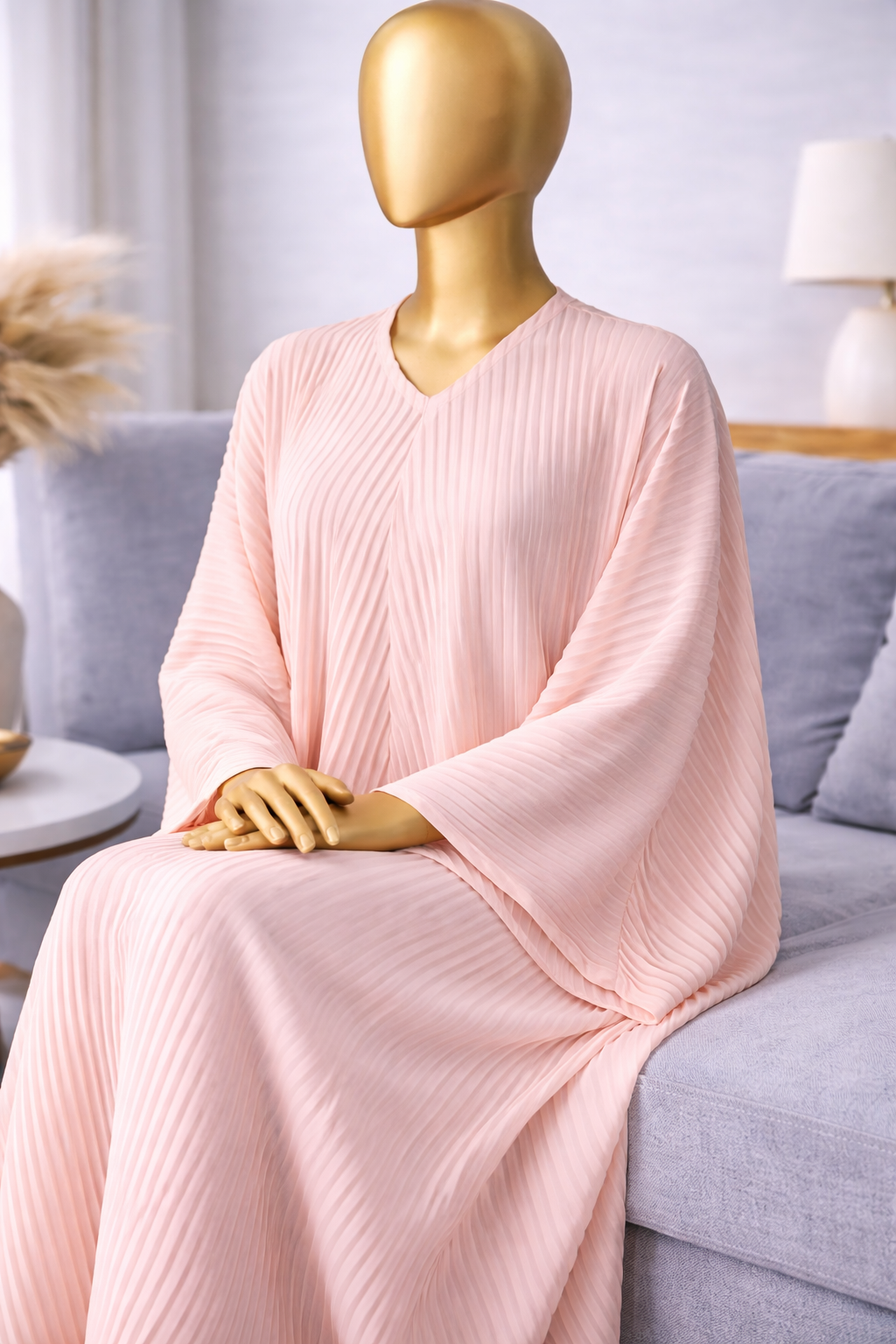 Ladies Jalabiya – Oversized Batwing Sleeve Pleated Abaya in Pastel Pink (2)