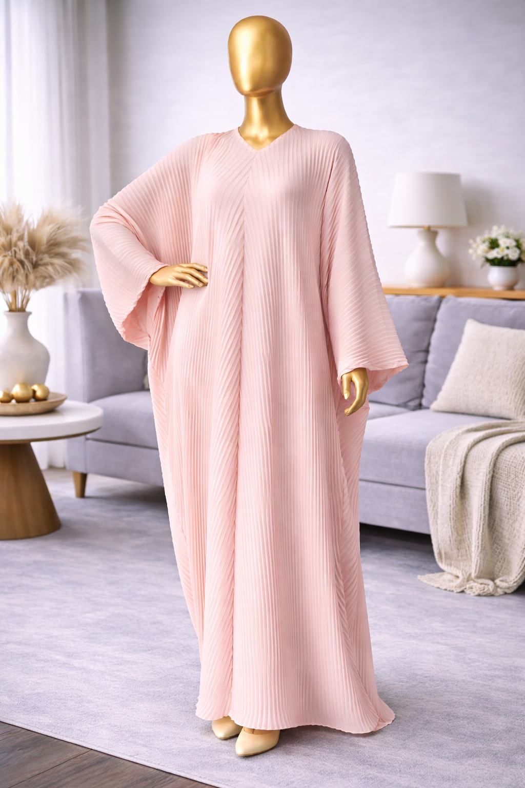 Ladies Jalabiya – Oversized Batwing Sleeve Pleated Abaya in Pastel Pink (2)
