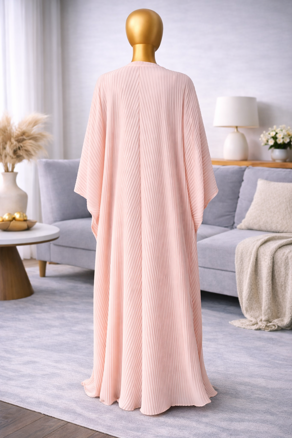 Ladies Jalabiya – Oversized Batwing Sleeve Pleated Abaya in Pastel Pink (2)