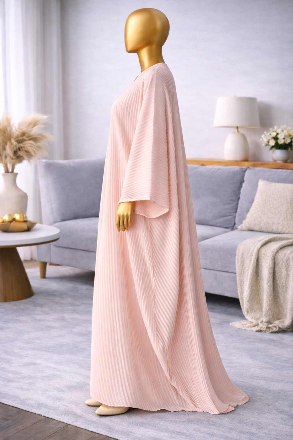 Ladies Jalabiya – Oversized Batwing Sleeve Pleated Abaya in Pastel Pink (2)