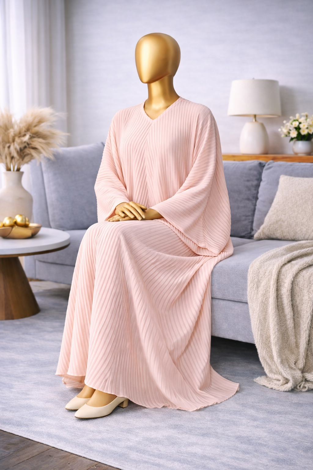Ladies Jalabiya – Oversized Batwing Sleeve Pleated Abaya in Pastel Pink (2)