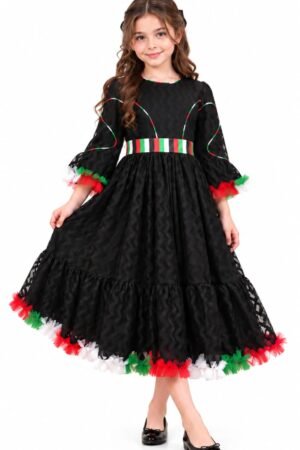 UAE National Day Black Cutwork Tulle Dress for Girls with Flag Trim