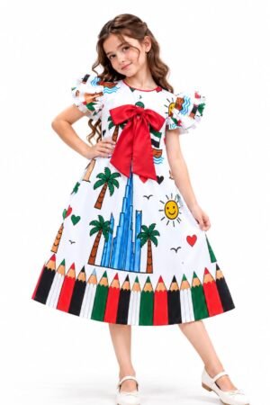 UAE National Day Doodle Print Dress for Girls